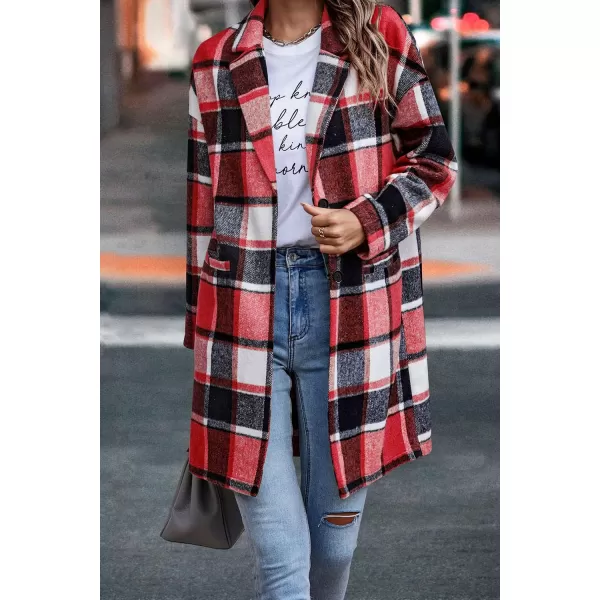 imagePRETTYGARDEN Womens 2024 Plaid Shacket Jacket Casual Button Wool Blend Winter Tartan Trench Coat With PocketsBrilliant Red
