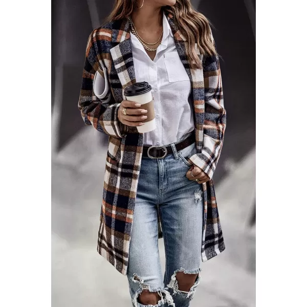 imagePRETTYGARDEN Womens 2024 Plaid Shacket Jacket Casual Button Wool Blend Winter Tartan Trench Coat With PocketsBrown