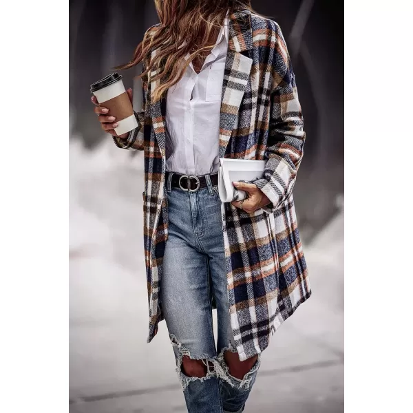 imagePRETTYGARDEN Womens 2024 Plaid Shacket Jacket Casual Button Wool Blend Winter Tartan Trench Coat With PocketsBrown