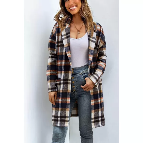 imagePRETTYGARDEN Womens 2024 Plaid Shacket Jacket Casual Button Wool Blend Winter Tartan Trench Coat With PocketsBrown