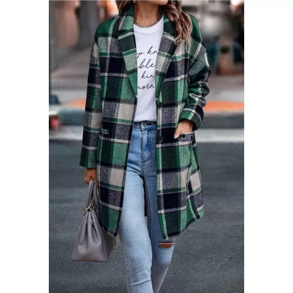 imagePRETTYGARDEN Womens 2024 Plaid Shacket Jacket Casual Button Wool Blend Winter Tartan Trench Coat With PocketsDark Green