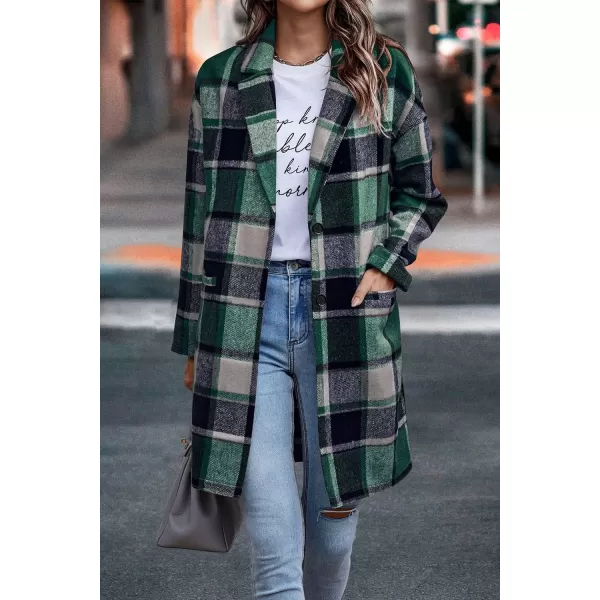 imagePRETTYGARDEN Womens 2024 Plaid Shacket Jacket Casual Button Wool Blend Winter Tartan Trench Coat With PocketsDark Green