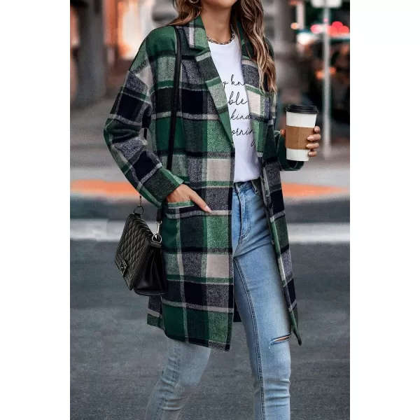 imagePRETTYGARDEN Womens 2024 Plaid Shacket Jacket Casual Button Wool Blend Winter Tartan Trench Coat With PocketsDark Green