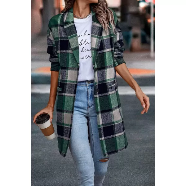 imagePRETTYGARDEN Womens 2024 Plaid Shacket Jacket Casual Button Wool Blend Winter Tartan Trench Coat With PocketsDark Green