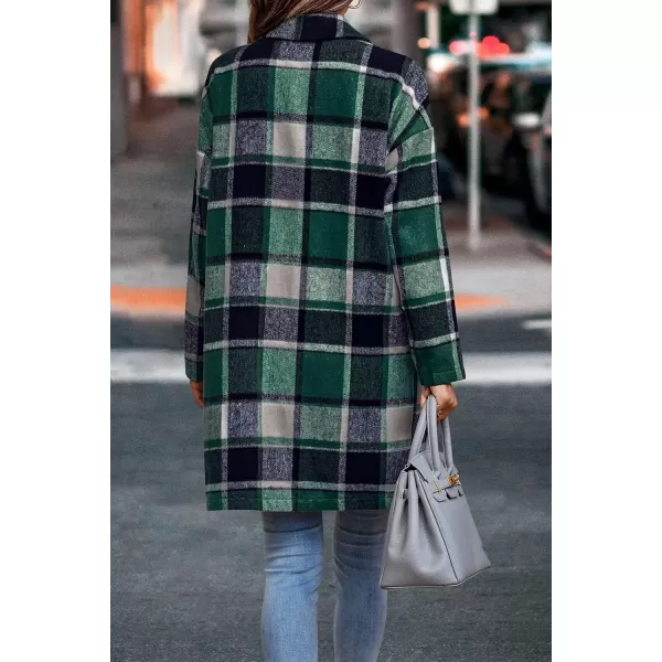 imagePRETTYGARDEN Womens 2024 Plaid Shacket Jacket Casual Button Wool Blend Winter Tartan Trench Coat With PocketsDark Green
