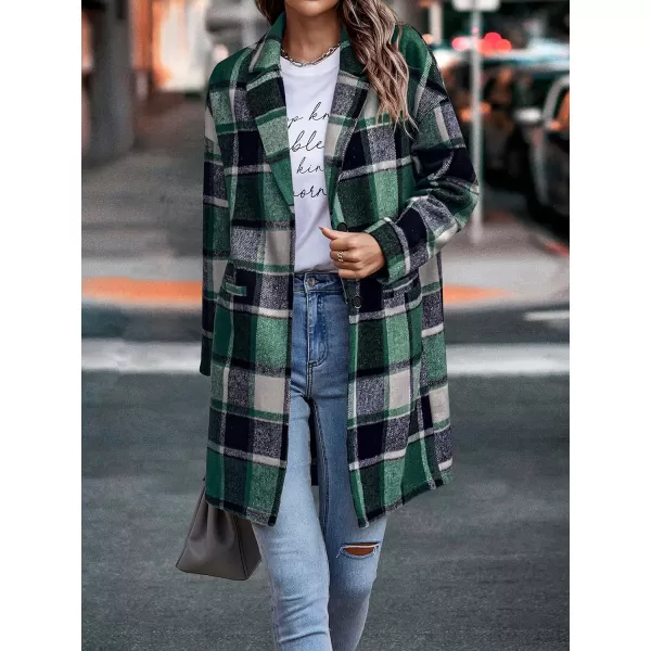 imagePRETTYGARDEN Womens 2024 Plaid Shacket Jacket Casual Button Wool Blend Winter Tartan Trench Coat With PocketsDark Green