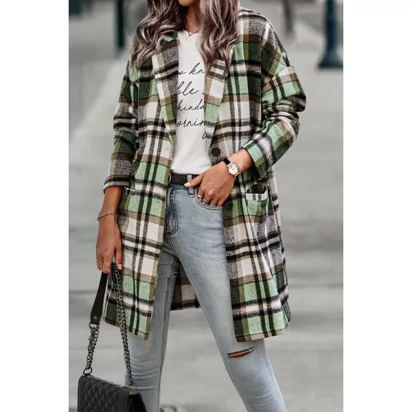 imagePRETTYGARDEN Womens 2024 Plaid Shacket Jacket Casual Button Wool Blend Winter Tartan Trench Coat With PocketsGreen