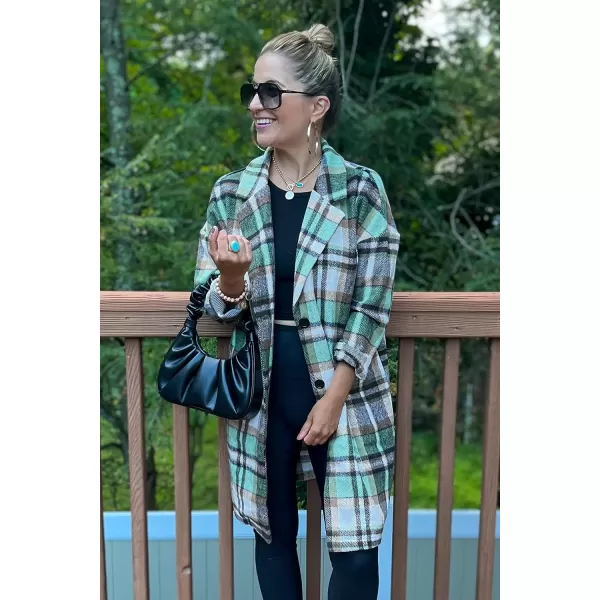 imagePRETTYGARDEN Womens 2024 Plaid Shacket Jacket Casual Button Wool Blend Winter Tartan Trench Coat With PocketsGreen