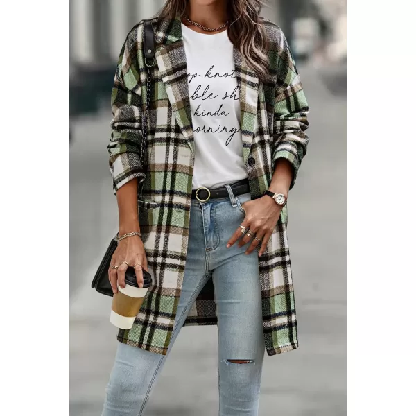 imagePRETTYGARDEN Womens 2024 Plaid Shacket Jacket Casual Button Wool Blend Winter Tartan Trench Coat With PocketsGreen