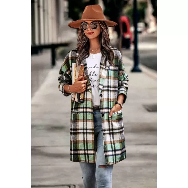 imagePRETTYGARDEN Womens 2024 Plaid Shacket Jacket Casual Button Wool Blend Winter Tartan Trench Coat With PocketsGreen