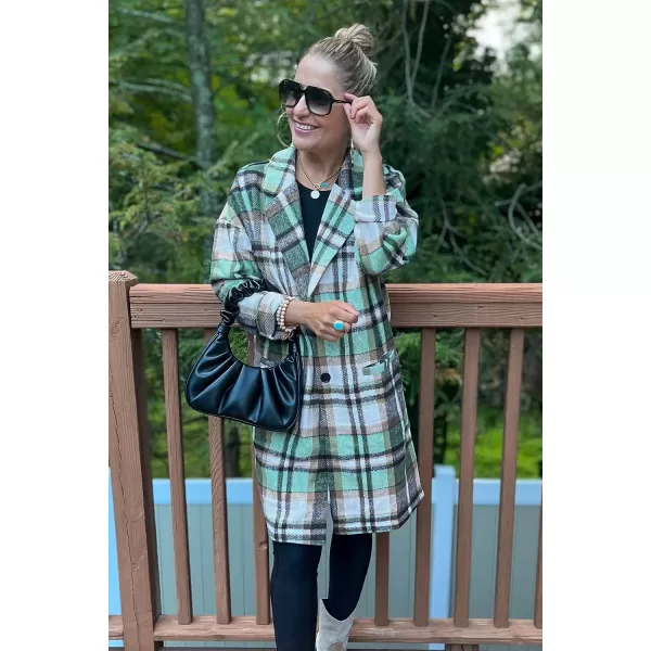 imagePRETTYGARDEN Womens 2024 Plaid Shacket Jacket Casual Button Wool Blend Winter Tartan Trench Coat With PocketsGreen