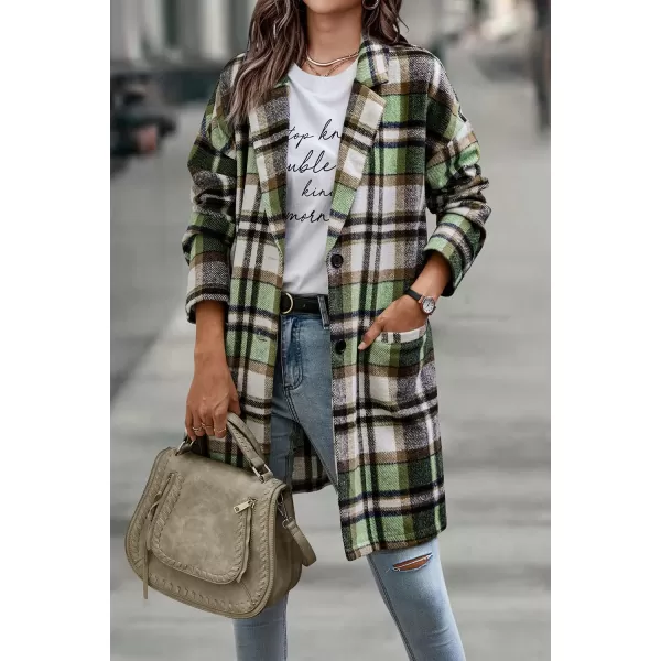 imagePRETTYGARDEN Womens 2024 Plaid Shacket Jacket Casual Button Wool Blend Winter Tartan Trench Coat With PocketsGreen