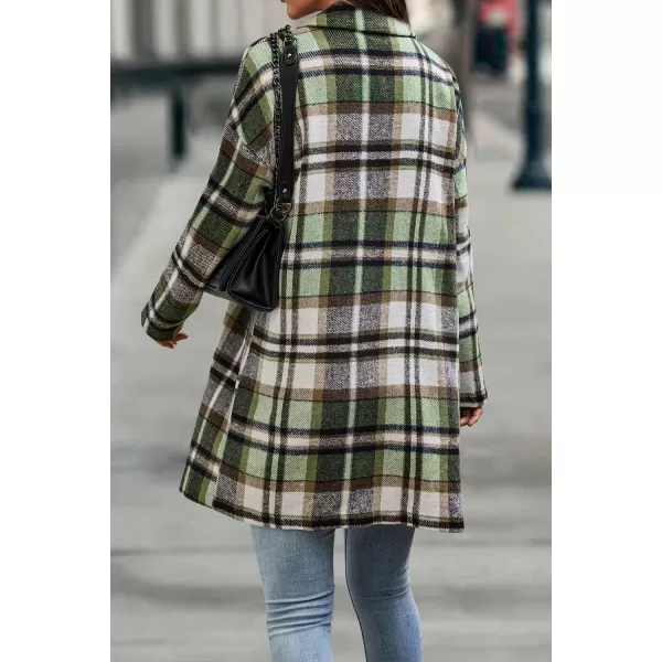 imagePRETTYGARDEN Womens 2024 Plaid Shacket Jacket Casual Button Wool Blend Winter Tartan Trench Coat With PocketsGreen