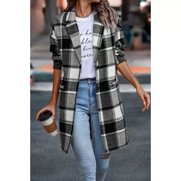 imagePRETTYGARDEN Womens 2024 Plaid Shacket Jacket Casual Button Wool Blend Winter Tartan Trench Coat With PocketsGrey