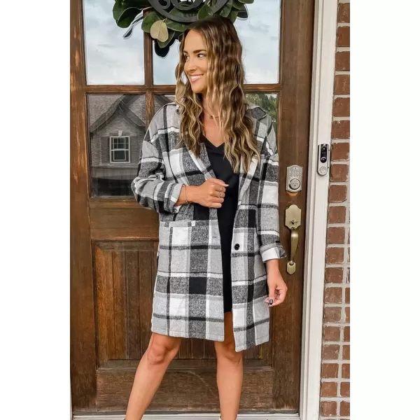 imagePRETTYGARDEN Womens 2024 Plaid Shacket Jacket Casual Button Wool Blend Winter Tartan Trench Coat With PocketsGrey