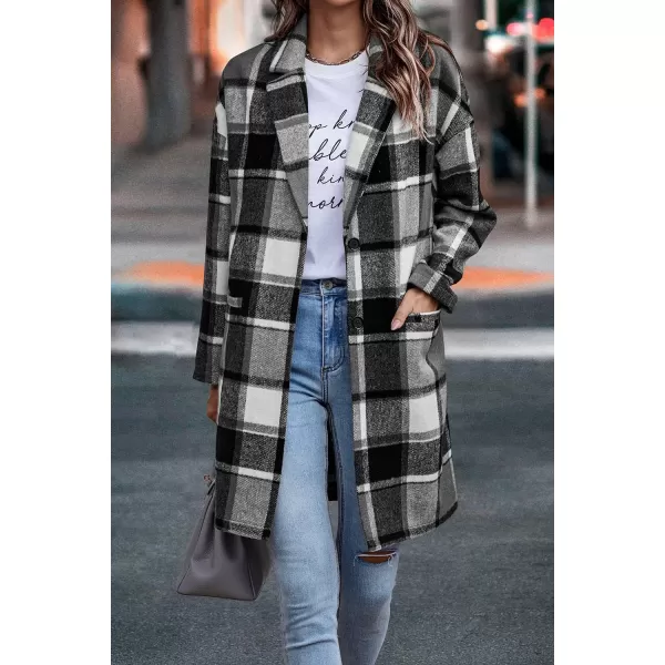 imagePRETTYGARDEN Womens 2024 Plaid Shacket Jacket Casual Button Wool Blend Winter Tartan Trench Coat With PocketsGrey