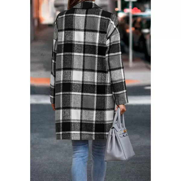imagePRETTYGARDEN Womens 2024 Plaid Shacket Jacket Casual Button Wool Blend Winter Tartan Trench Coat With PocketsGrey
