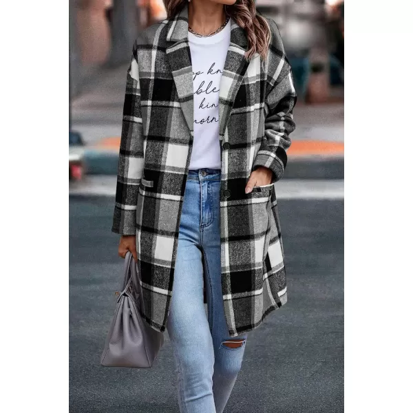 imagePRETTYGARDEN Womens 2024 Plaid Shacket Jacket Casual Button Wool Blend Winter Tartan Trench Coat With PocketsGrey