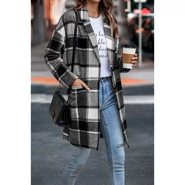 imagePRETTYGARDEN Womens 2024 Plaid Shacket Jacket Casual Button Wool Blend Winter Tartan Trench Coat With PocketsGrey
