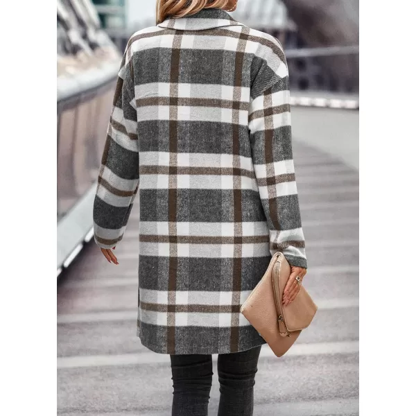 imagePRETTYGARDEN Womens 2024 Plaid Shacket Jacket Casual Button Wool Blend Winter Tartan Trench Coat With PocketsGrey White