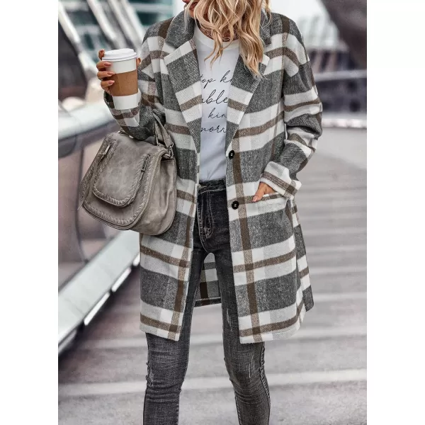 imagePRETTYGARDEN Womens 2024 Plaid Shacket Jacket Casual Button Wool Blend Winter Tartan Trench Coat With PocketsGrey White