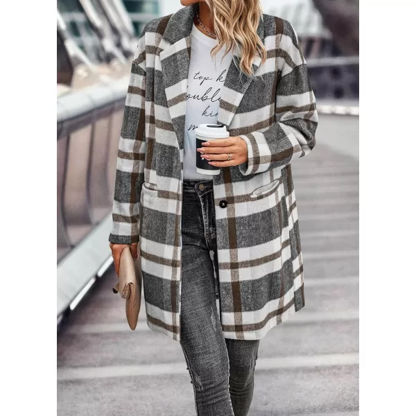 imagePRETTYGARDEN Womens 2024 Plaid Shacket Jacket Casual Button Wool Blend Winter Tartan Trench Coat With PocketsGrey White