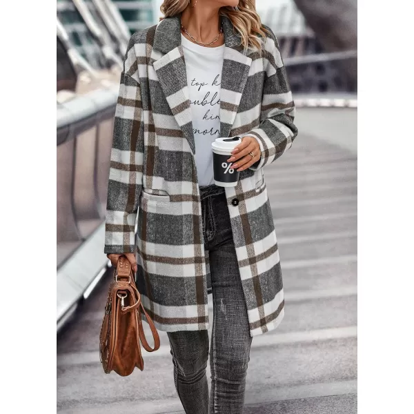 imagePRETTYGARDEN Womens 2024 Plaid Shacket Jacket Casual Button Wool Blend Winter Tartan Trench Coat With PocketsGrey White