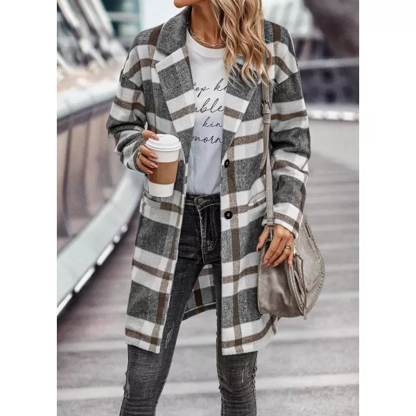 imagePRETTYGARDEN Womens 2024 Plaid Shacket Jacket Casual Button Wool Blend Winter Tartan Trench Coat With PocketsGrey White