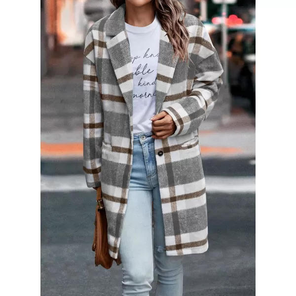 imagePRETTYGARDEN Womens 2024 Plaid Shacket Jacket Casual Button Wool Blend Winter Tartan Trench Coat With PocketsGrey White