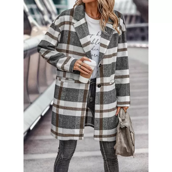 imagePRETTYGARDEN Womens 2024 Plaid Shacket Jacket Casual Button Wool Blend Winter Tartan Trench Coat With PocketsGrey White