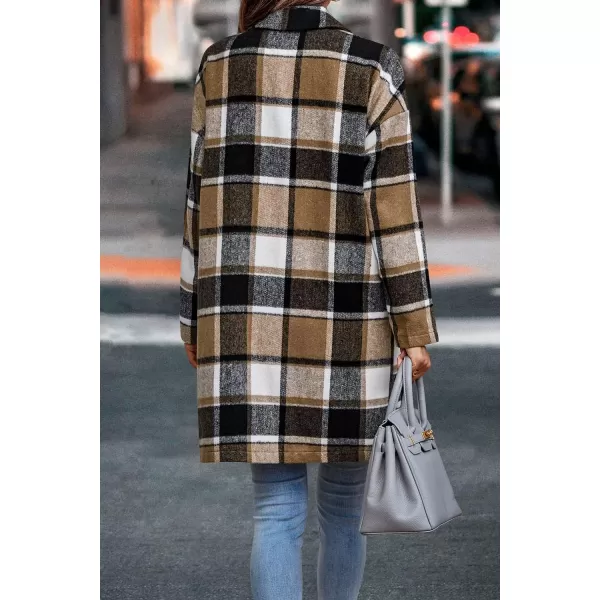 imagePRETTYGARDEN Womens 2024 Plaid Shacket Jacket Casual Button Wool Blend Winter Tartan Trench Coat With PocketsKhaki