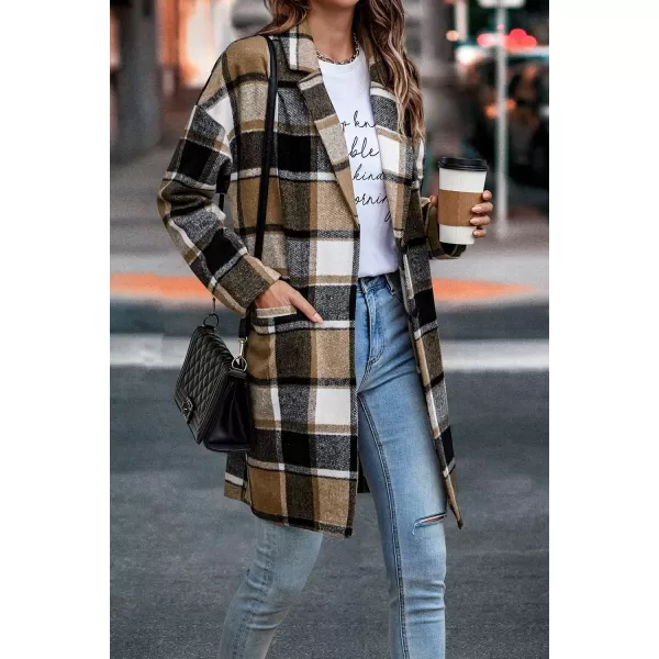 imagePRETTYGARDEN Womens 2024 Plaid Shacket Jacket Casual Button Wool Blend Winter Tartan Trench Coat With PocketsKhaki