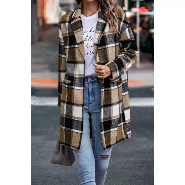 imagePRETTYGARDEN Womens 2024 Plaid Shacket Jacket Casual Button Wool Blend Winter Tartan Trench Coat With PocketsKhaki