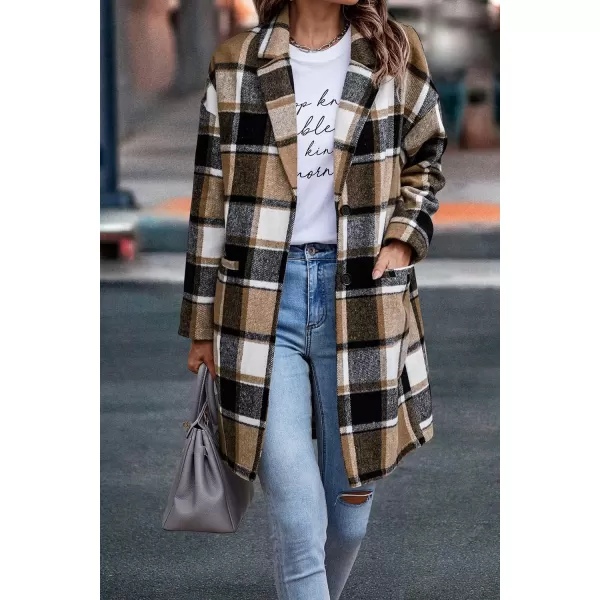 imagePRETTYGARDEN Womens 2024 Plaid Shacket Jacket Casual Button Wool Blend Winter Tartan Trench Coat With PocketsKhaki