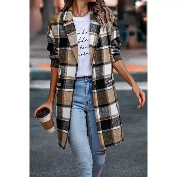 imagePRETTYGARDEN Womens 2024 Plaid Shacket Jacket Casual Button Wool Blend Winter Tartan Trench Coat With PocketsKhaki