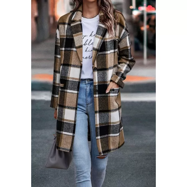 imagePRETTYGARDEN Womens 2024 Plaid Shacket Jacket Casual Button Wool Blend Winter Tartan Trench Coat With PocketsKhaki