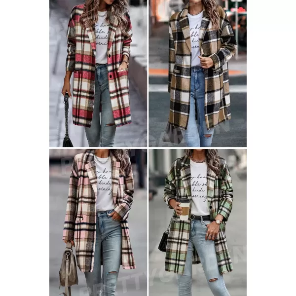 imagePRETTYGARDEN Womens 2024 Plaid Shacket Jacket Casual Button Wool Blend Winter Tartan Trench Coat With PocketsNavy