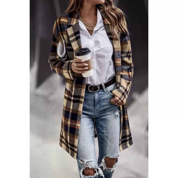 imagePRETTYGARDEN Womens 2024 Plaid Shacket Jacket Casual Button Wool Blend Winter Tartan Trench Coat With PocketsNavy