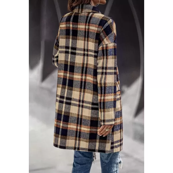 imagePRETTYGARDEN Womens 2024 Plaid Shacket Jacket Casual Button Wool Blend Winter Tartan Trench Coat With PocketsNavy