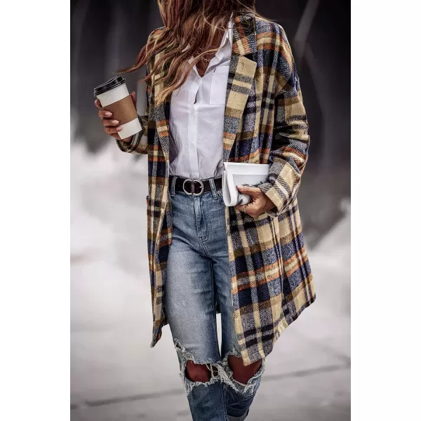 imagePRETTYGARDEN Womens 2024 Plaid Shacket Jacket Casual Button Wool Blend Winter Tartan Trench Coat With PocketsNavy