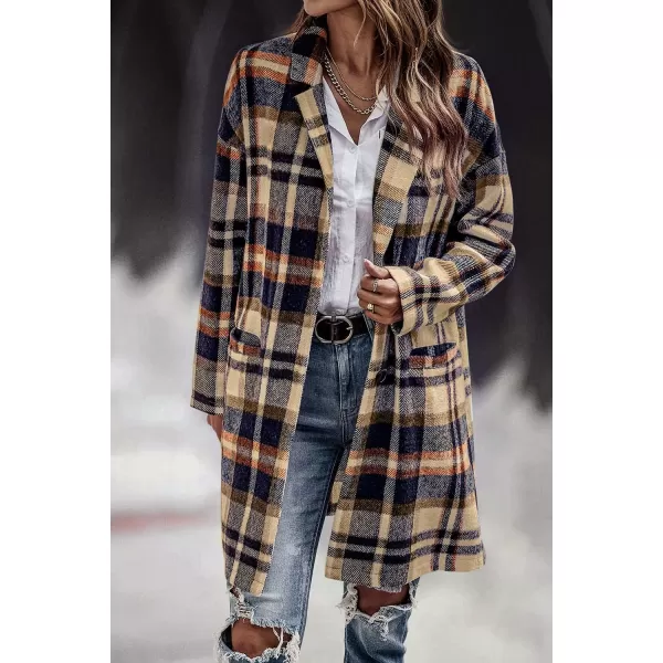 imagePRETTYGARDEN Womens 2024 Plaid Shacket Jacket Casual Button Wool Blend Winter Tartan Trench Coat With PocketsNavy