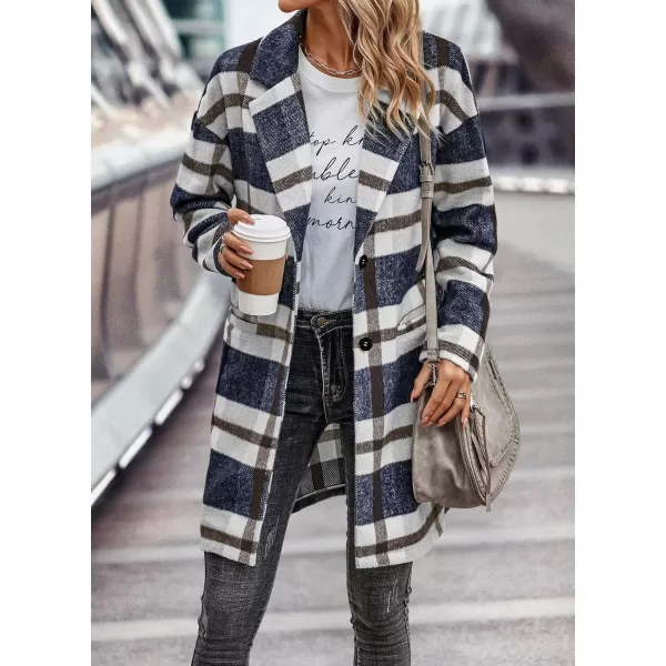 imagePRETTYGARDEN Womens 2024 Plaid Shacket Jacket Casual Button Wool Blend Winter Tartan Trench Coat With PocketsNavy White