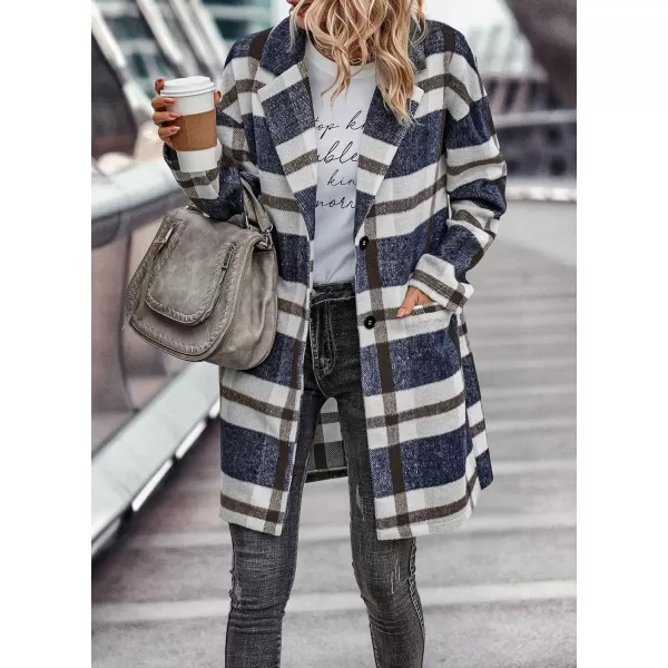 imagePRETTYGARDEN Womens 2024 Plaid Shacket Jacket Casual Button Wool Blend Winter Tartan Trench Coat With PocketsNavy White