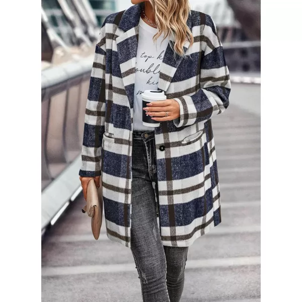 imagePRETTYGARDEN Womens 2024 Plaid Shacket Jacket Casual Button Wool Blend Winter Tartan Trench Coat With PocketsNavy White