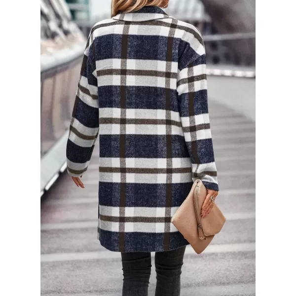 imagePRETTYGARDEN Womens 2024 Plaid Shacket Jacket Casual Button Wool Blend Winter Tartan Trench Coat With PocketsNavy White