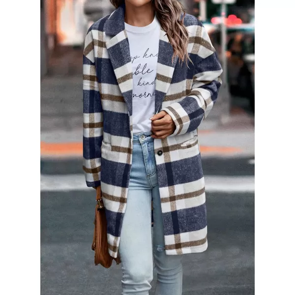 imagePRETTYGARDEN Womens 2024 Plaid Shacket Jacket Casual Button Wool Blend Winter Tartan Trench Coat With PocketsNavy White