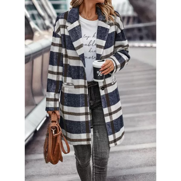 imagePRETTYGARDEN Womens 2024 Plaid Shacket Jacket Casual Button Wool Blend Winter Tartan Trench Coat With PocketsNavy White