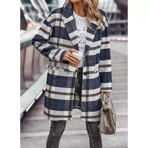 imagePRETTYGARDEN Womens 2024 Plaid Shacket Jacket Casual Button Wool Blend Winter Tartan Trench Coat With PocketsNavy White