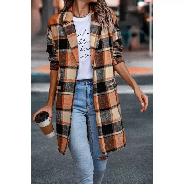 imagePRETTYGARDEN Womens 2024 Plaid Shacket Jacket Casual Button Wool Blend Winter Tartan Trench Coat With PocketsOrange