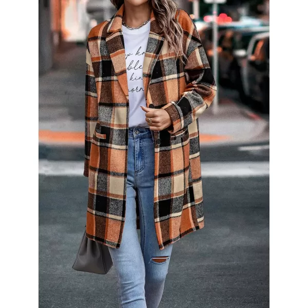 imagePRETTYGARDEN Womens 2024 Plaid Shacket Jacket Casual Button Wool Blend Winter Tartan Trench Coat With PocketsOrange